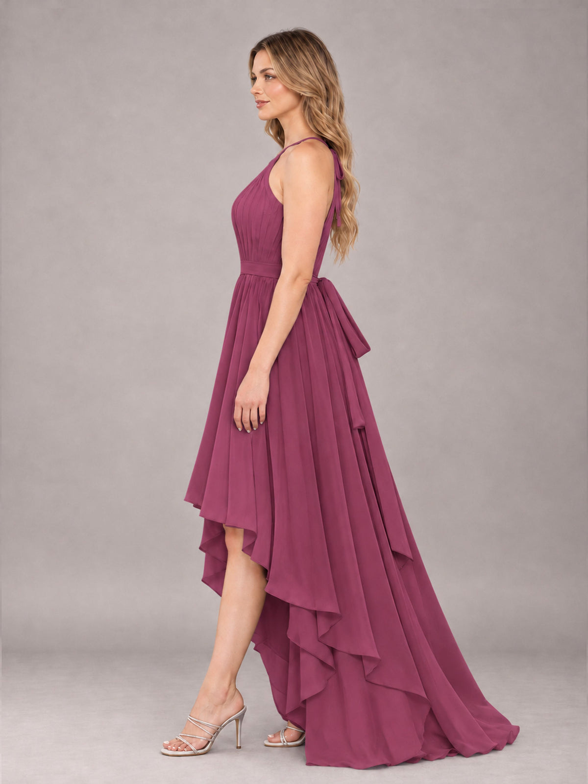 Desert Rose Classy Halter Asymmetrical Bow Back Chiffon Bridesmaid Dress