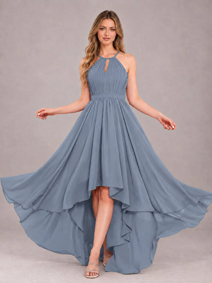 Dusty Blue Classy Halter Asymmetrical Bow Back Chiffon Bridesmaid Dress