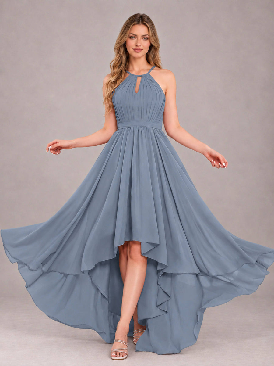 Dusty Blue Classy Halter Asymmetrical Bow Back Chiffon Bridesmaid Dress