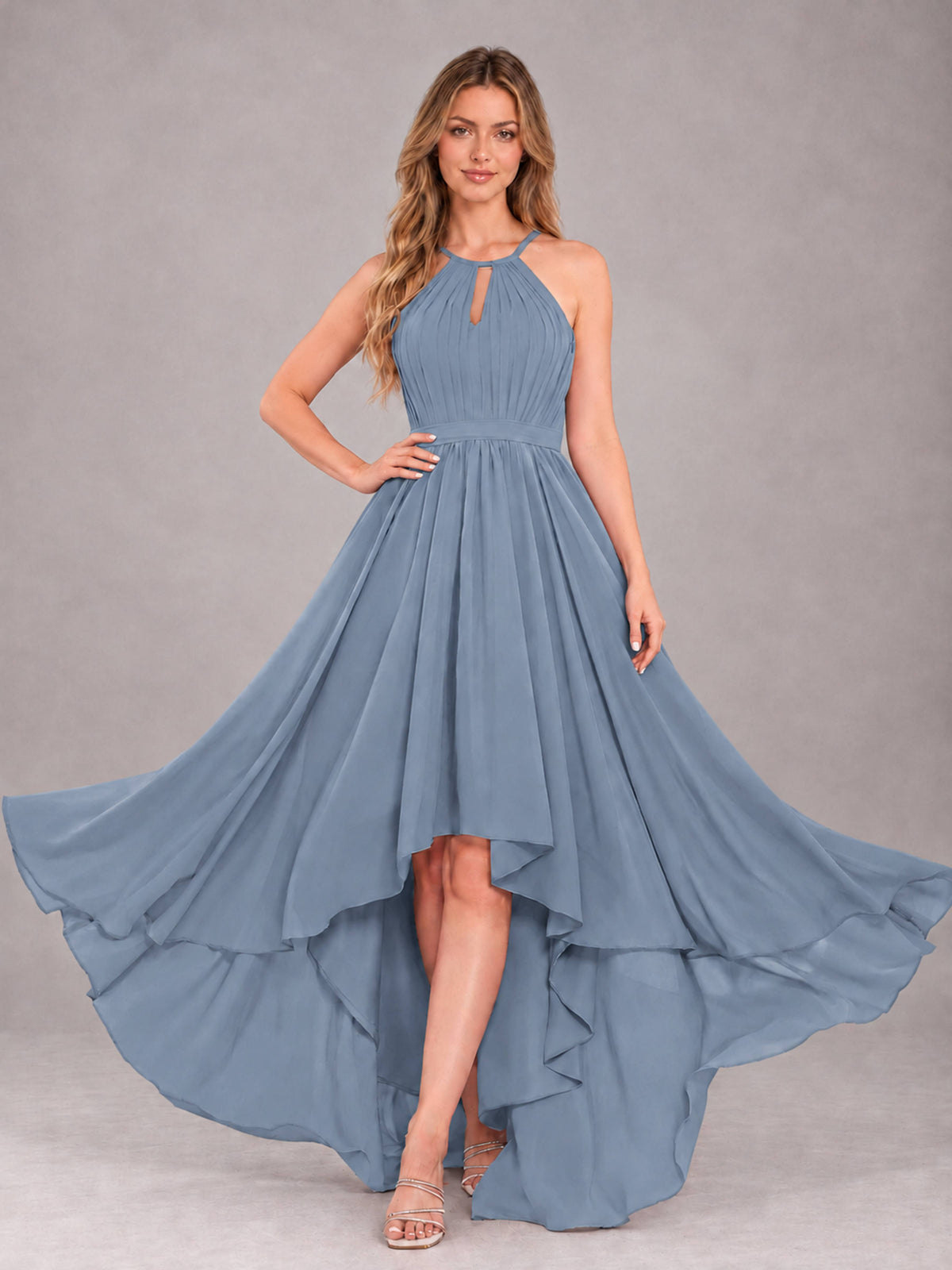 Dusty Blue Classy Halter Asymmetrical Bow Back Chiffon Bridesmaid Dress