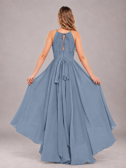 Dusty Blue Classy Halter Asymmetrical Bow Back Chiffon Bridesmaid Dress
