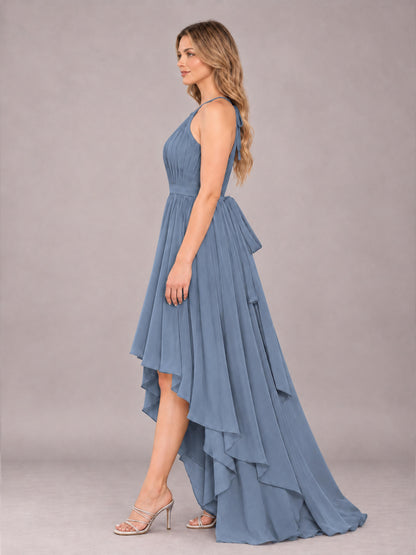 Dusty Blue Classy Halter Asymmetrical Bow Back Chiffon Bridesmaid Dress