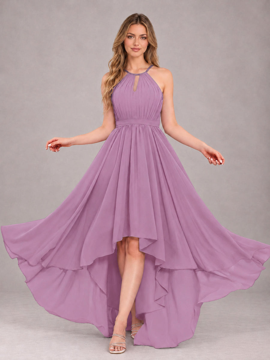 Dusty Purple Classy Halter Asymmetrical Bow Back Chiffon Bridesmaid Dress