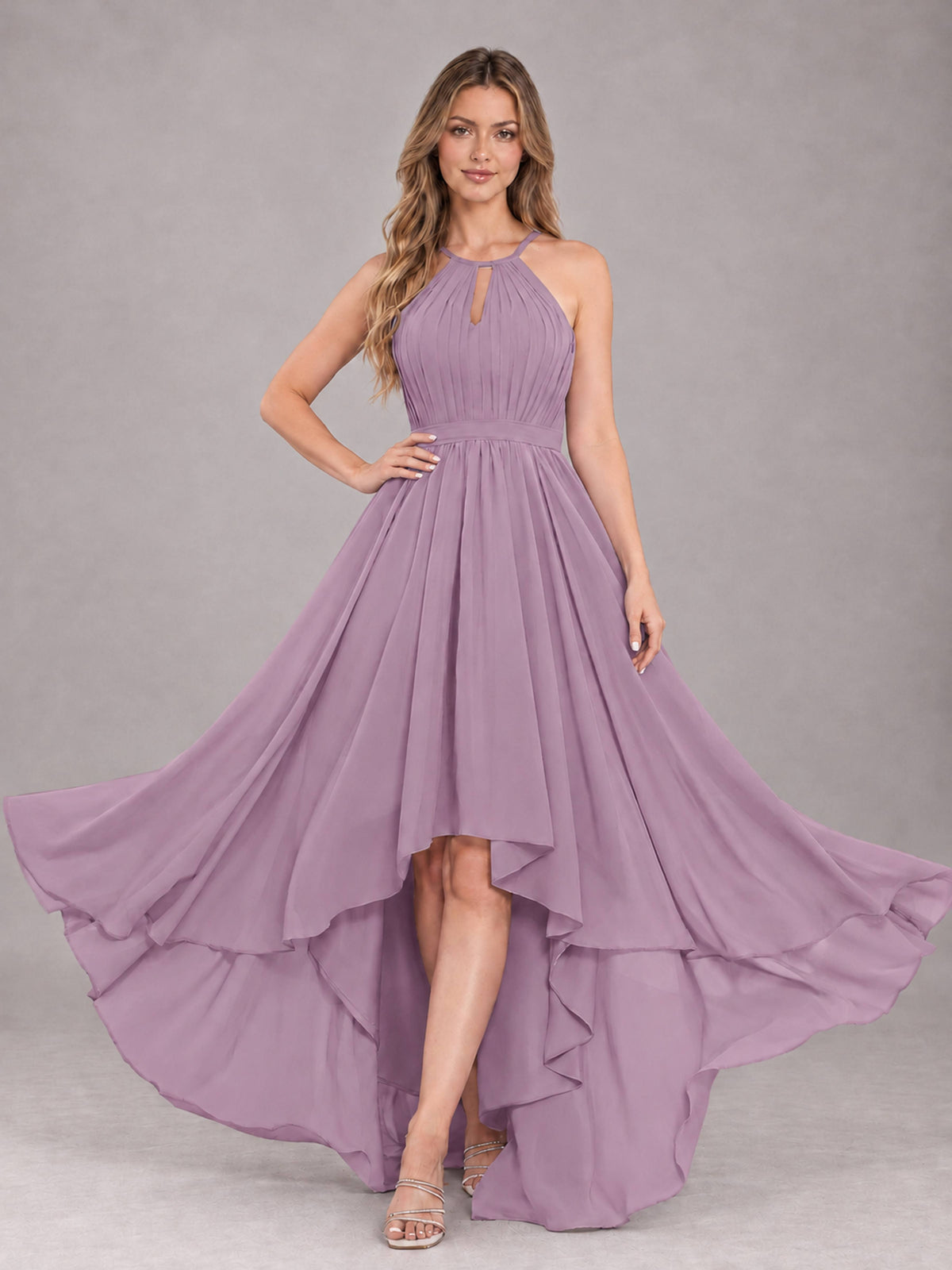 Dusty Purple Classy Halter Asymmetrical Bow Back Chiffon Bridesmaid Dress