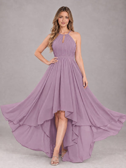 Dusty Purple Classy Halter Asymmetrical Bow Back Chiffon Bridesmaid Dress
