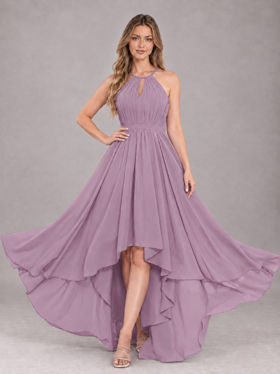 Dusty Purple Classy Halter Asymmetrical Bow Back Chiffon Bridesmaid Dress