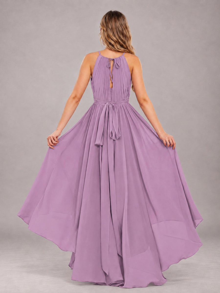 Dusty Purple Classy Halter Asymmetrical Bow Back Chiffon Bridesmaid Dress