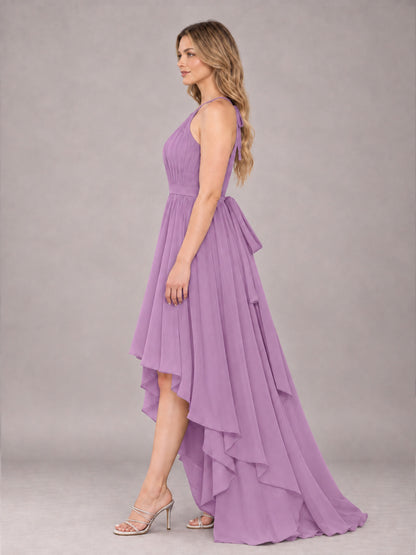 Dusty Purple Classy Halter Asymmetrical Bow Back Chiffon Bridesmaid Dress