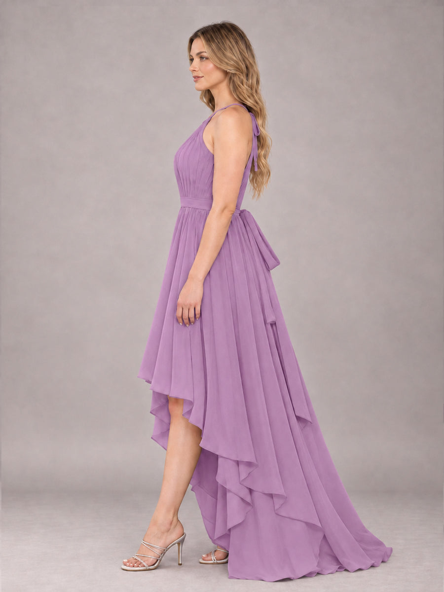 Dusty Purple Classy Halter Asymmetrical Bow Back Chiffon Bridesmaid Dress