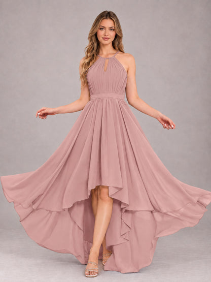 Dusty Rose Classy Halter Asymmetrical Bow Back Chiffon Bridesmaid Dress