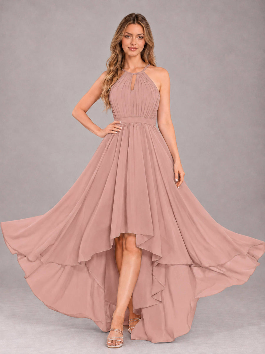 Dusty Rose Classy Halter Asymmetrical Bow Back Chiffon Bridesmaid Dress