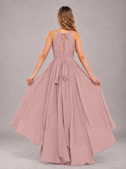 Dusty Rose Classy Halter Asymmetrical Bow Back Chiffon Bridesmaid Dress