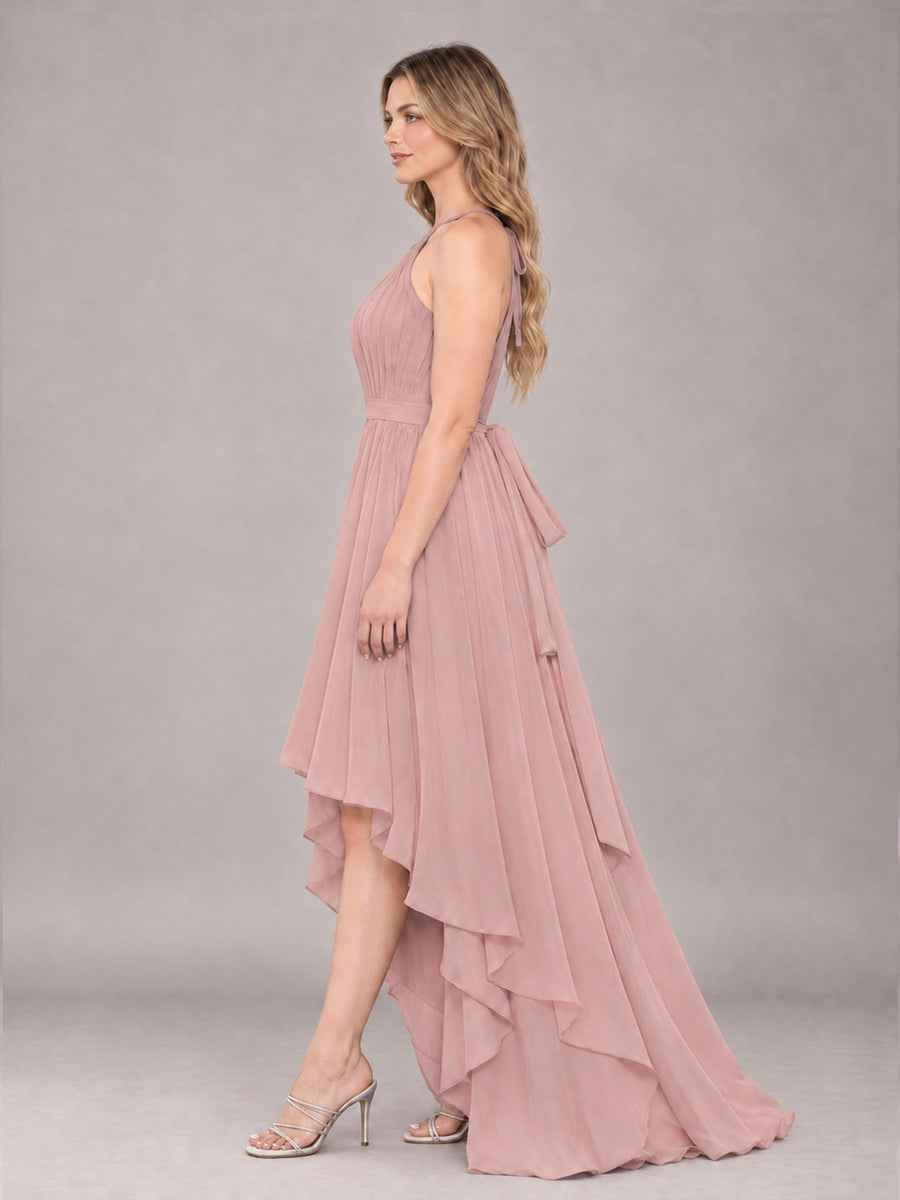 Dusty Rose Classy Halter Asymmetrical Bow Back Chiffon Bridesmaid Dress