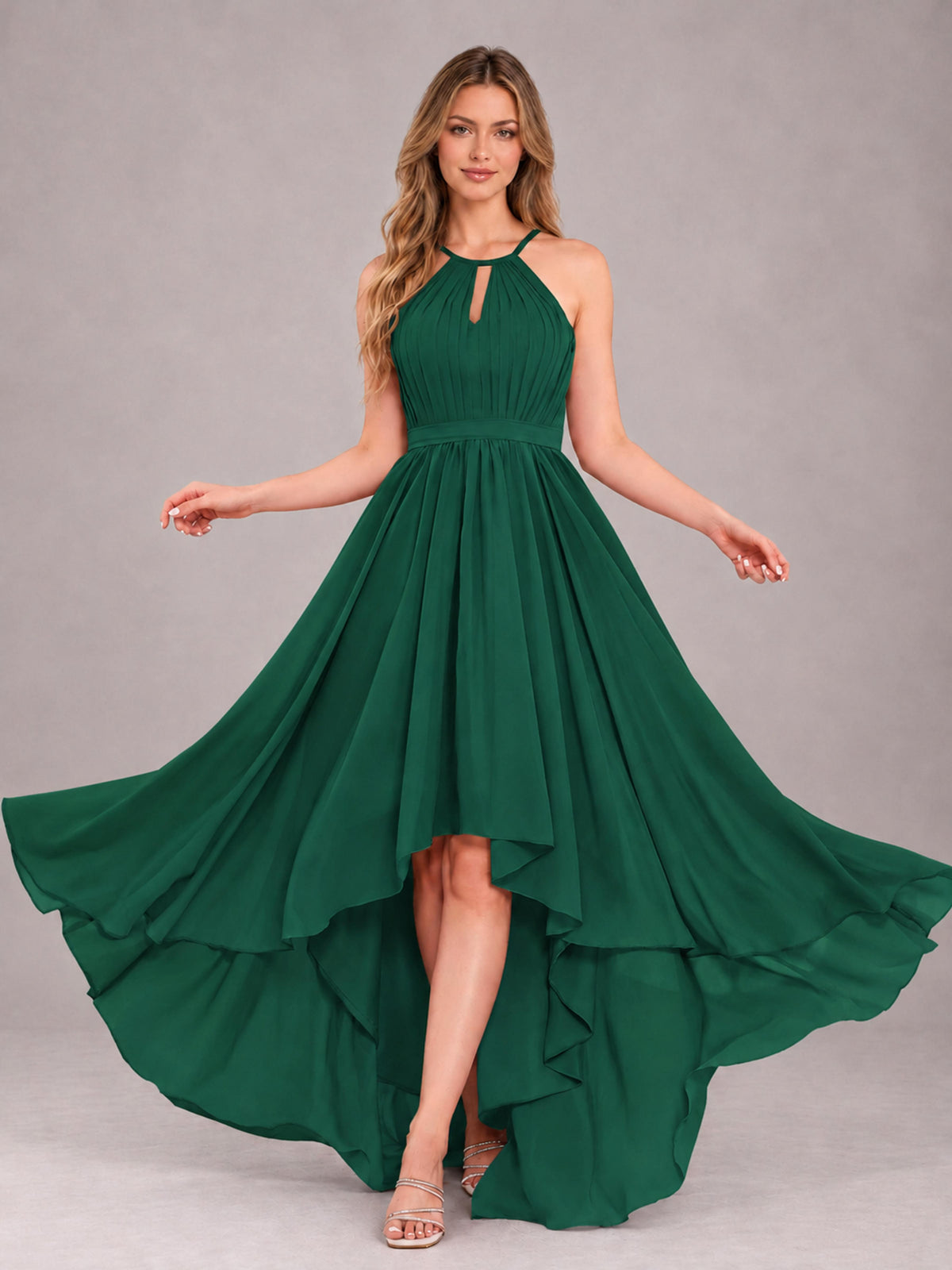 Emerald Green Classy Halter Asymmetrical Bow Back Chiffon Bridesmaid Dress