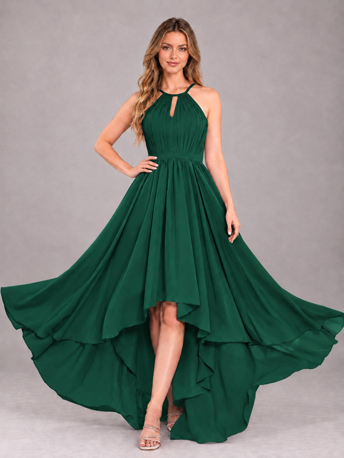 Emerald Green Classy Halter Asymmetrical Bow Back Chiffon Bridesmaid Dress