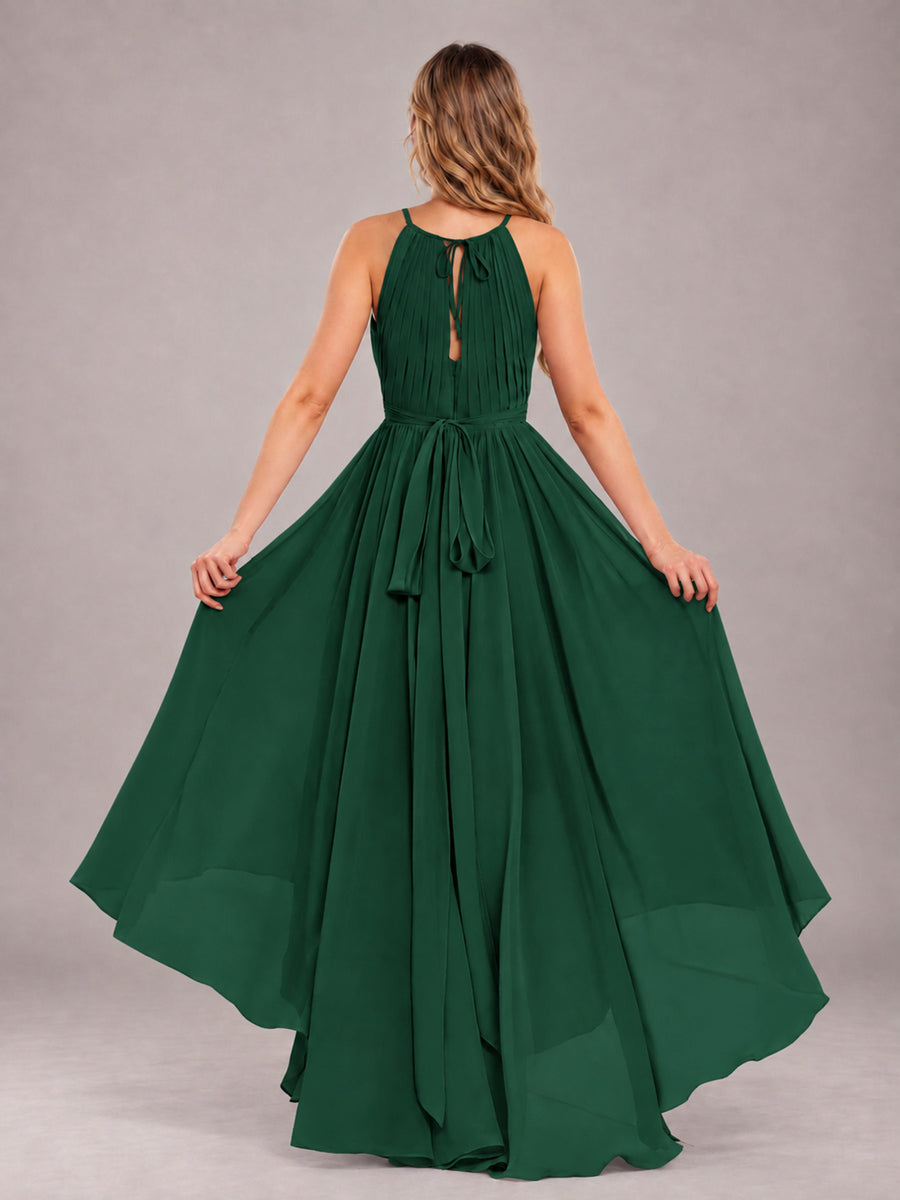 Emerald Green Classy Halter Asymmetrical Bow Back Chiffon Bridesmaid Dress