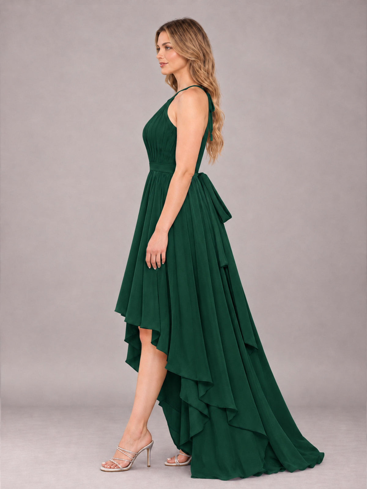 Emerald Green Classy Halter Asymmetrical Bow Back Chiffon Bridesmaid Dress