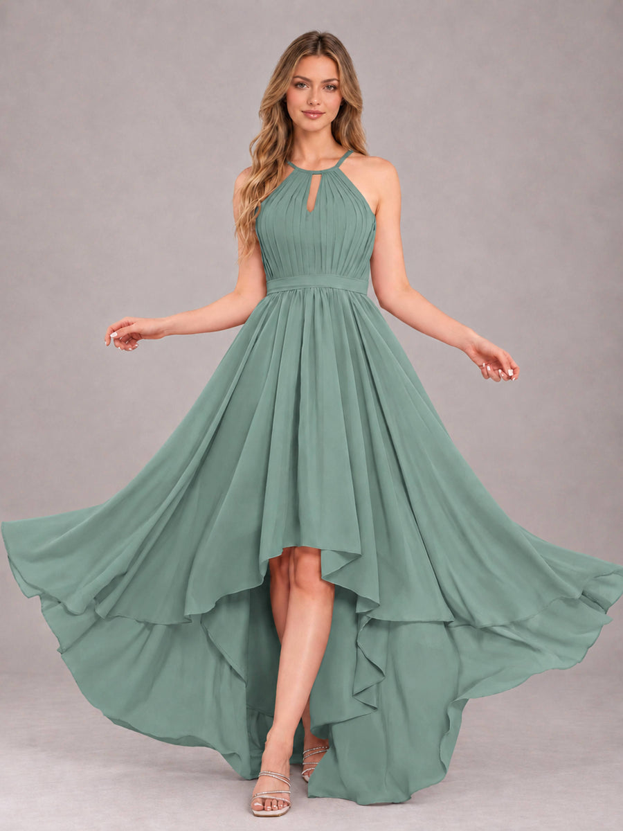 Eucalyptus Classy Halter Asymmetrical Bow Back Chiffon Bridesmaid Dress