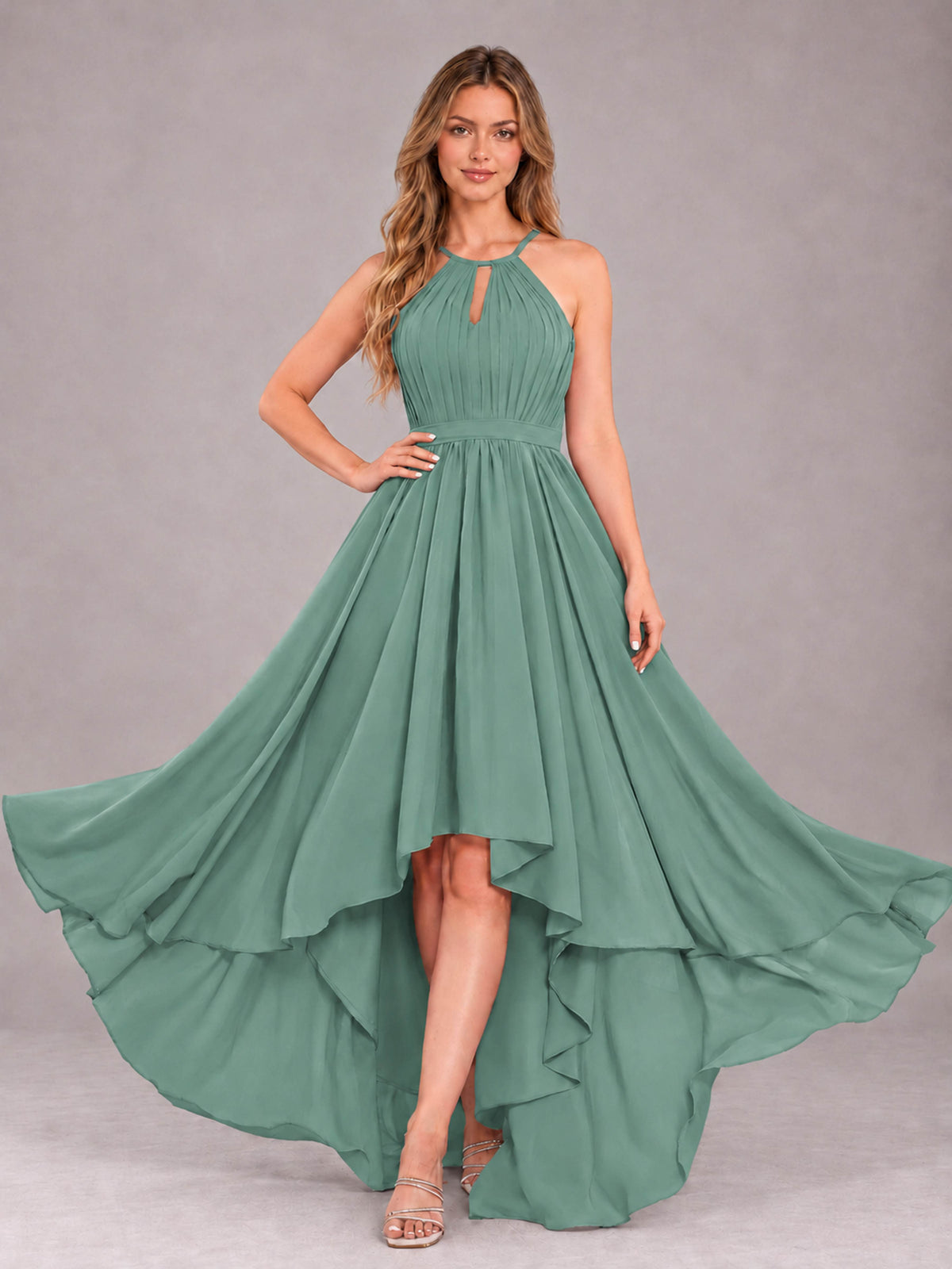 Eucalyptus Classy Halter Asymmetrical Bow Back Chiffon Bridesmaid Dress