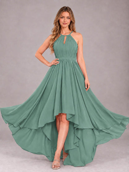 Eucalyptus Classy Halter Asymmetrical Bow Back Chiffon Bridesmaid Dress