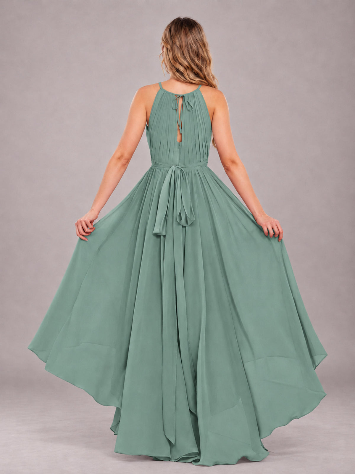 Eucalyptus Classy Halter Asymmetrical Bow Back Chiffon Bridesmaid Dress