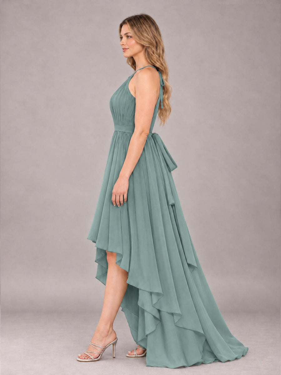 Eucalyptus Classy Halter Asymmetrical Bow Back Chiffon Bridesmaid Dress