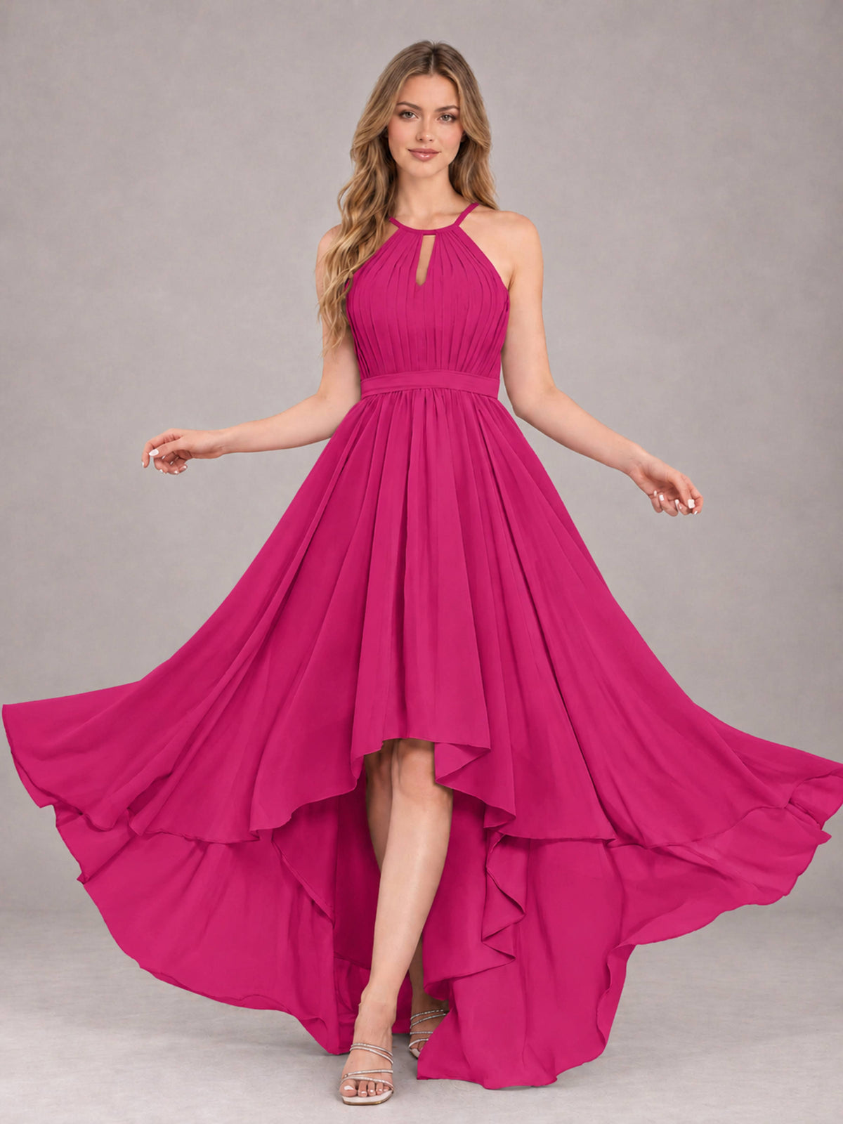 Fuchsia Classy Halter Asymmetrical Bow Back Chiffon Bridesmaid Dress