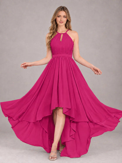 Fuchsia Classy Halter Asymmetrical Bow Back Chiffon Bridesmaid Dress