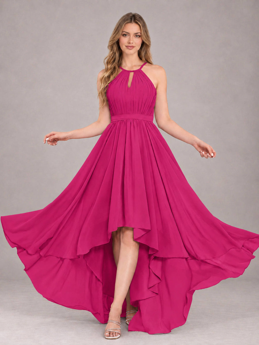 Fuchsia Classy Halter Asymmetrical Bow Back Chiffon Bridesmaid Dress