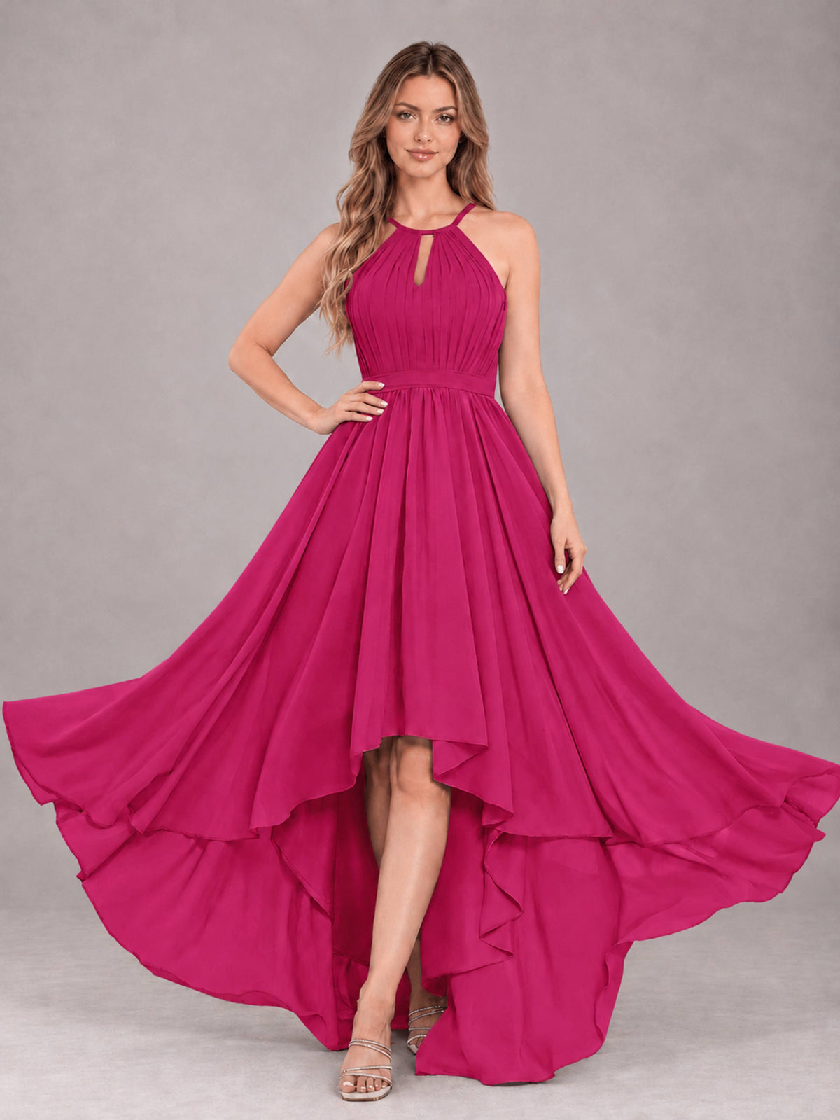 Fuchsia Classy Halter Asymmetrical Bow Back Chiffon Bridesmaid Dress