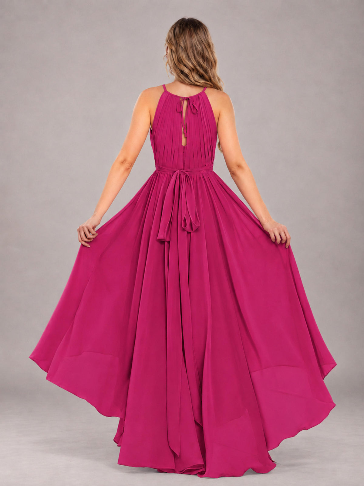 Fuchsia Classy Halter Asymmetrical Bow Back Chiffon Bridesmaid Dress
