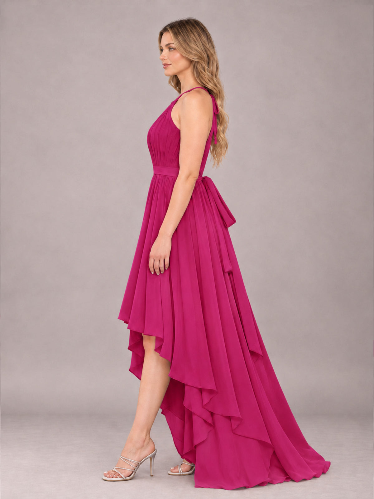 Fuchsia Classy Halter Asymmetrical Bow Back Chiffon Bridesmaid Dress