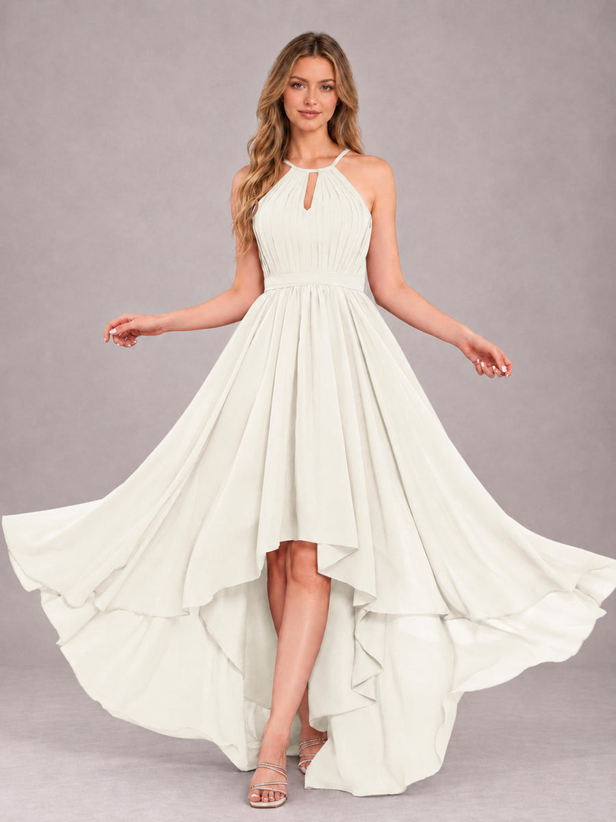 Ivory Classy Halter Asymmetrical Bow Back Chiffon Bridesmaid Dress