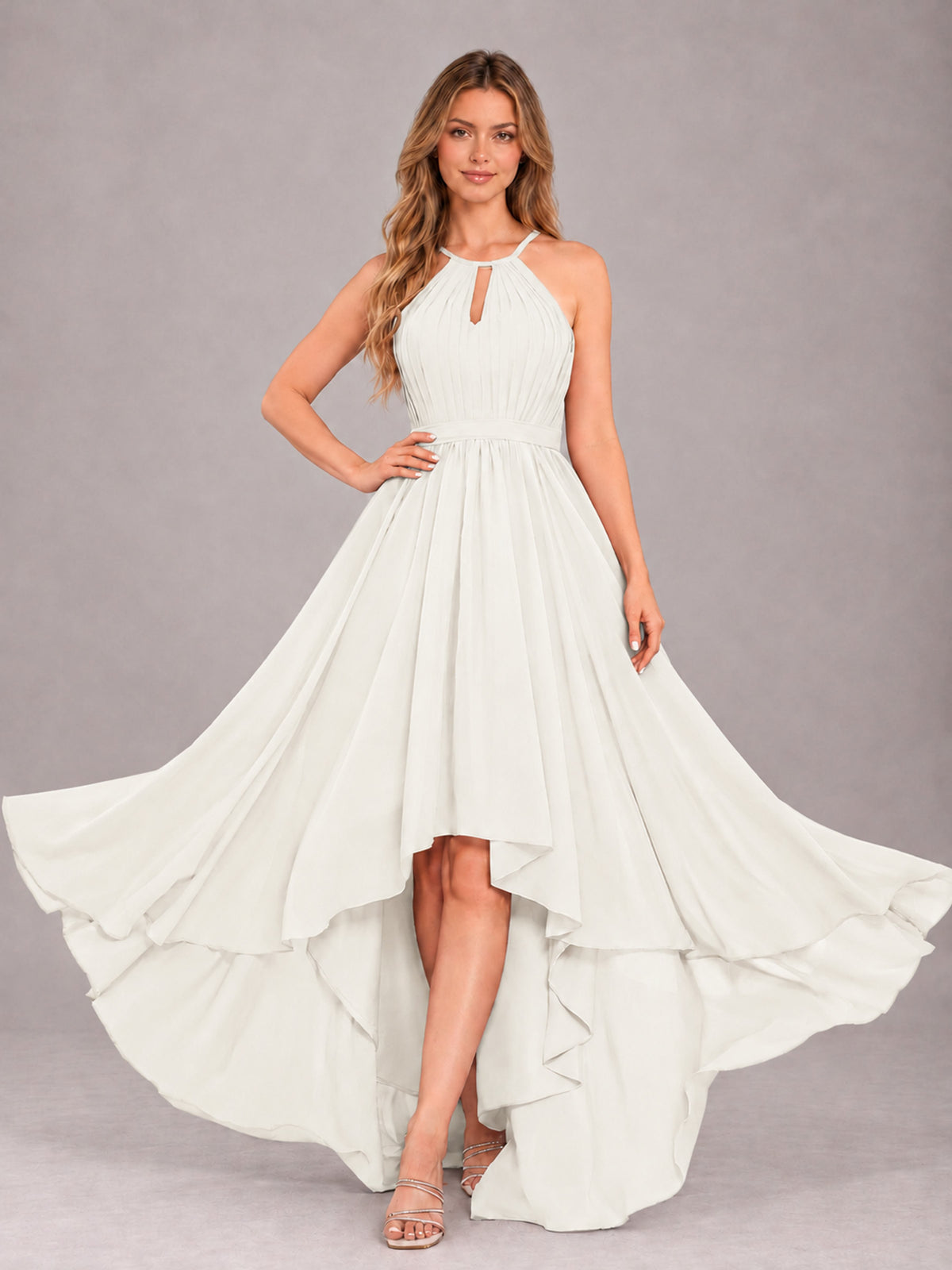 Ivory Classy Halter Asymmetrical Bow Back Chiffon Bridesmaid Dress