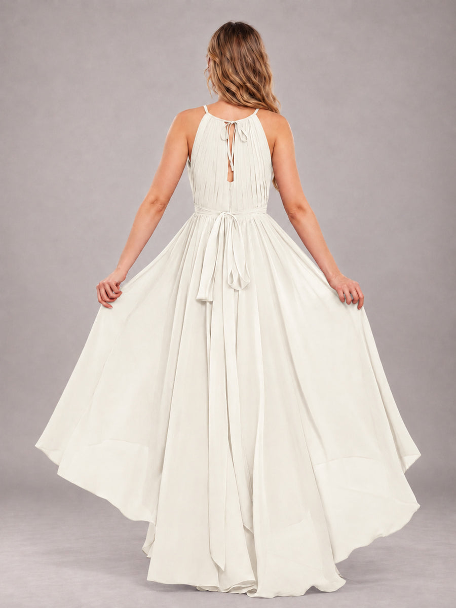 Ivory Classy Halter Asymmetrical Bow Back Chiffon Bridesmaid Dress