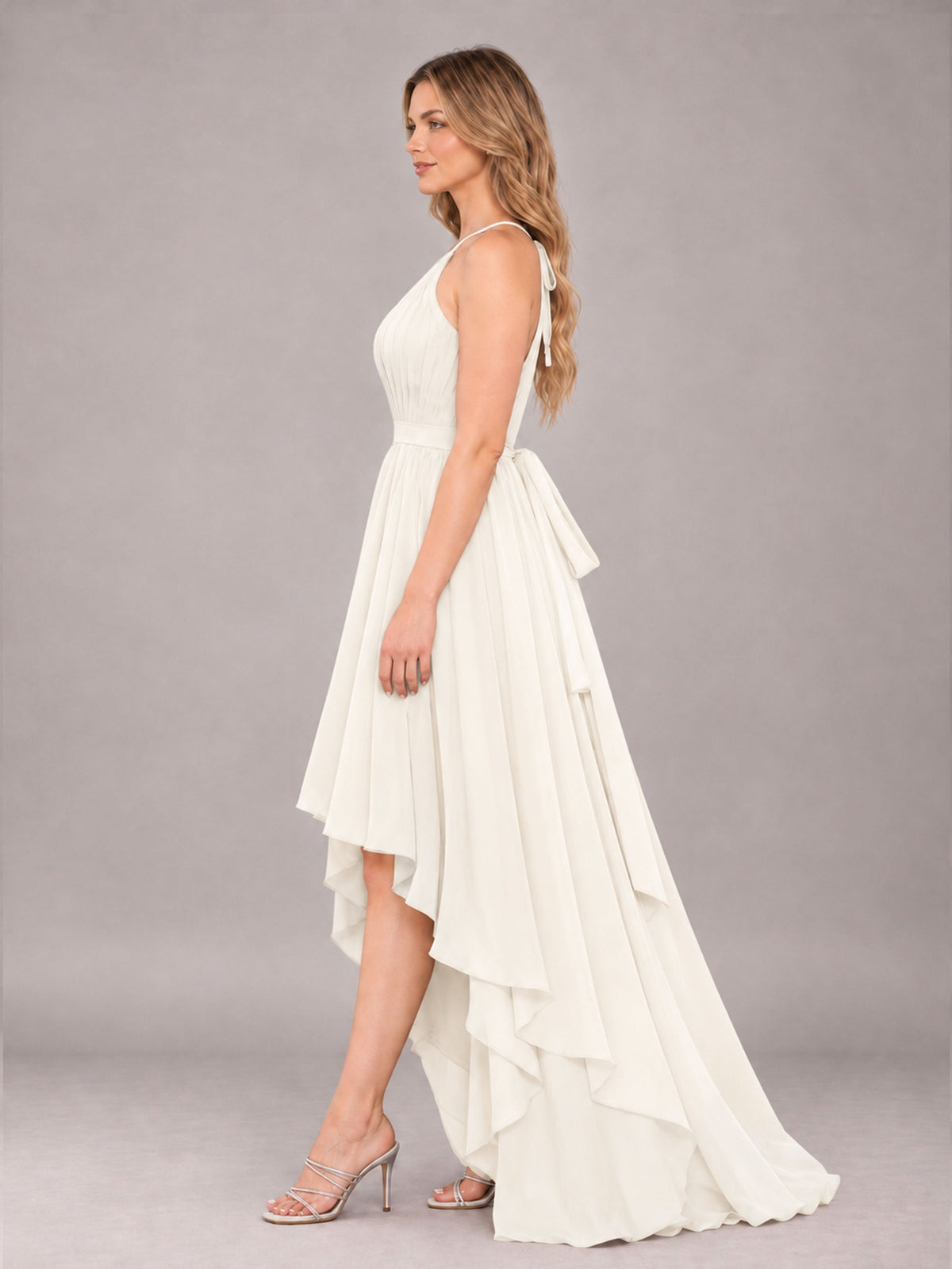 Ivory Classy Halter Asymmetrical Bow Back Chiffon Bridesmaid Dress