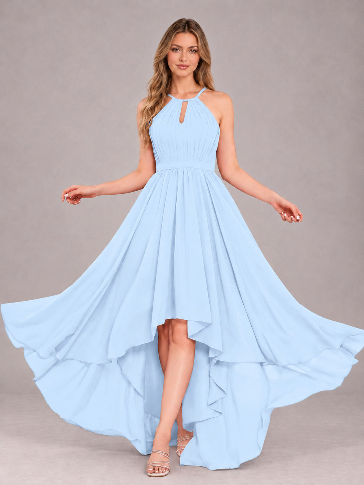Light Blue Classy Halter Asymmetrical Bow Back Chiffon Bridesmaid Dress