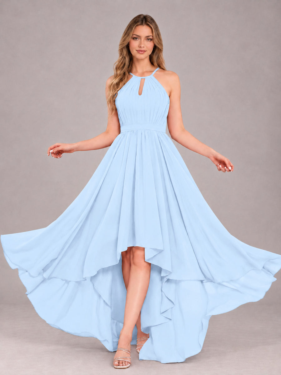 Light Blue Classy Halter Asymmetrical Bow Back Chiffon Bridesmaid Dress