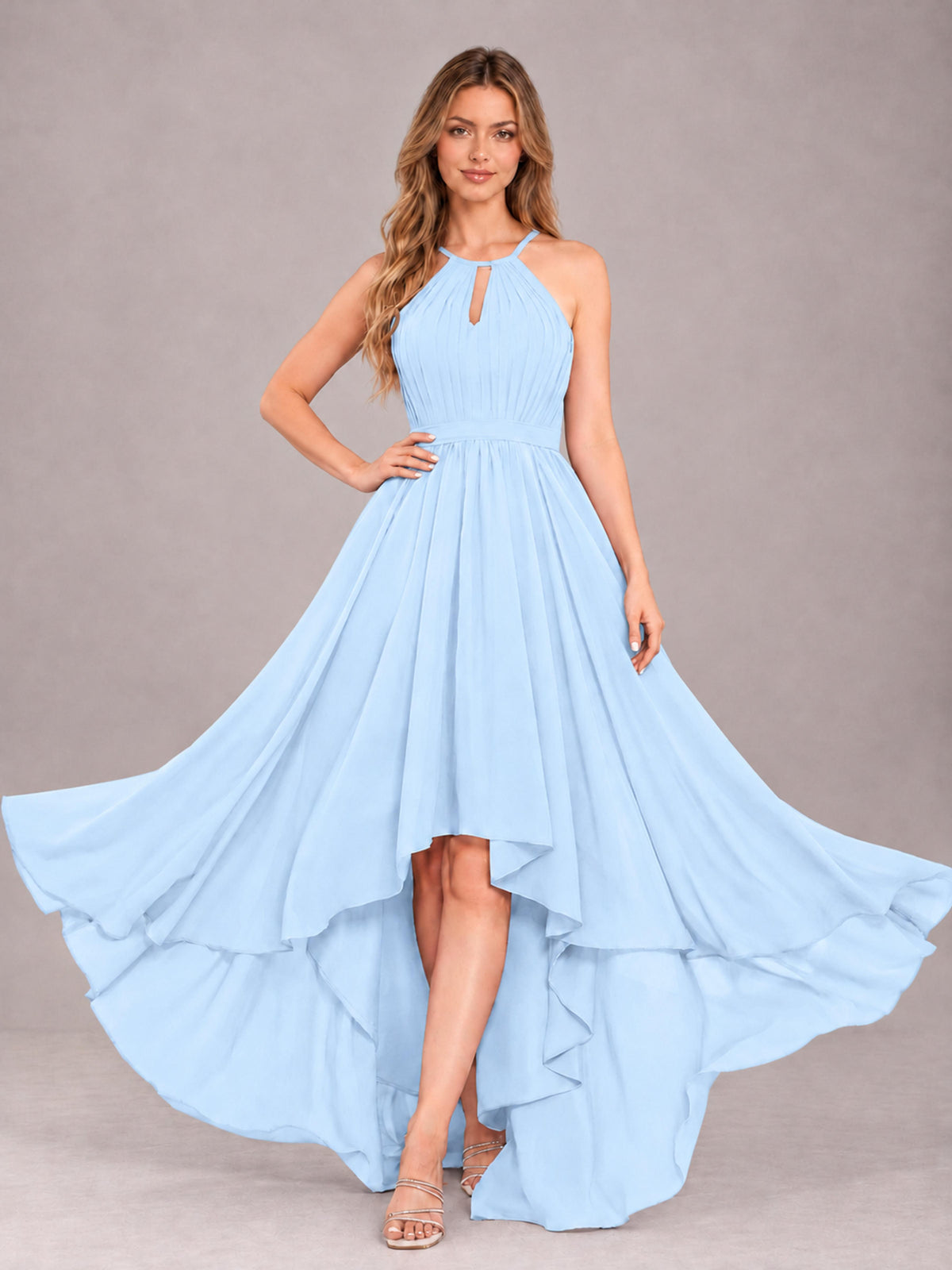 Light Blue Classy Halter Asymmetrical Bow Back Chiffon Bridesmaid Dress