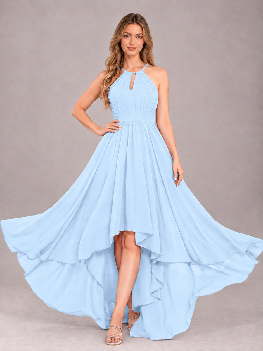 Light Blue Classy Halter Asymmetrical Bow Back Chiffon Bridesmaid Dress