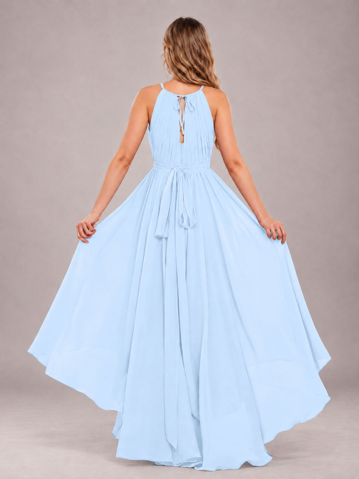Light Blue Classy Halter Asymmetrical Bow Back Chiffon Bridesmaid Dress