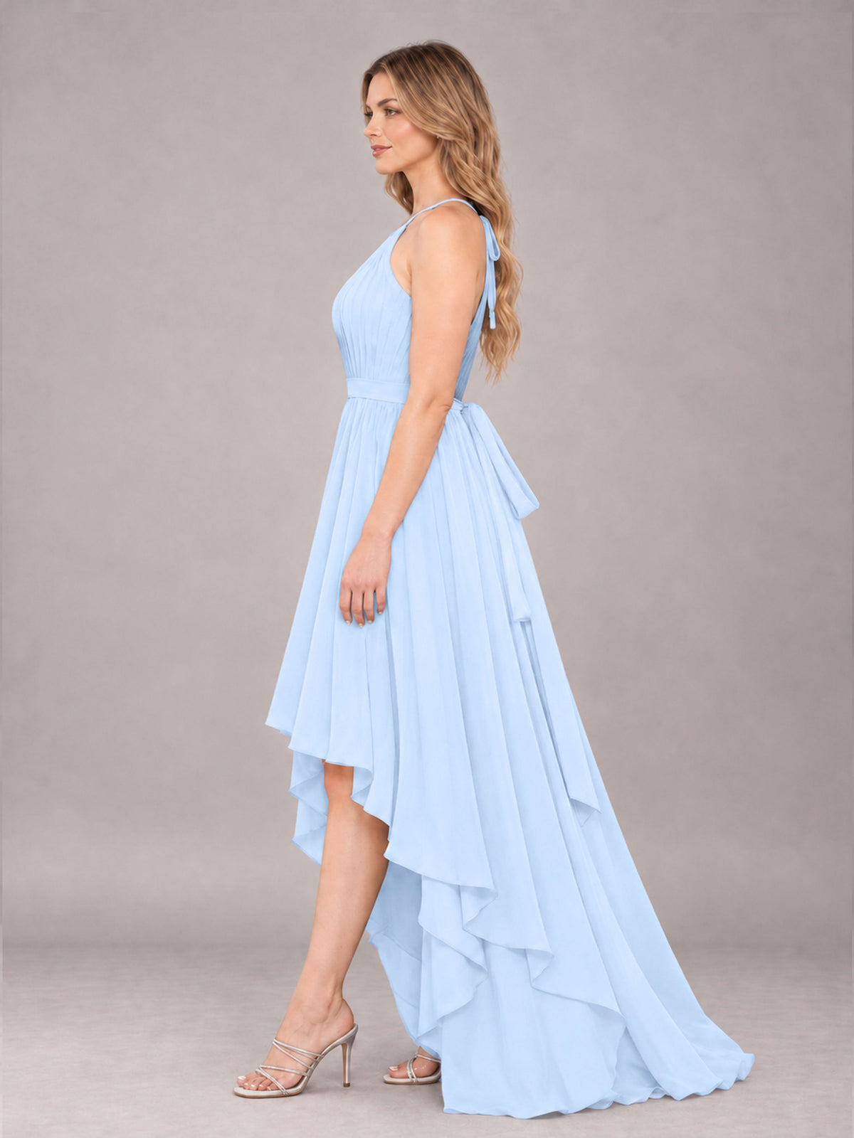 Light Blue Classy Halter Asymmetrical Bow Back Chiffon Bridesmaid Dress