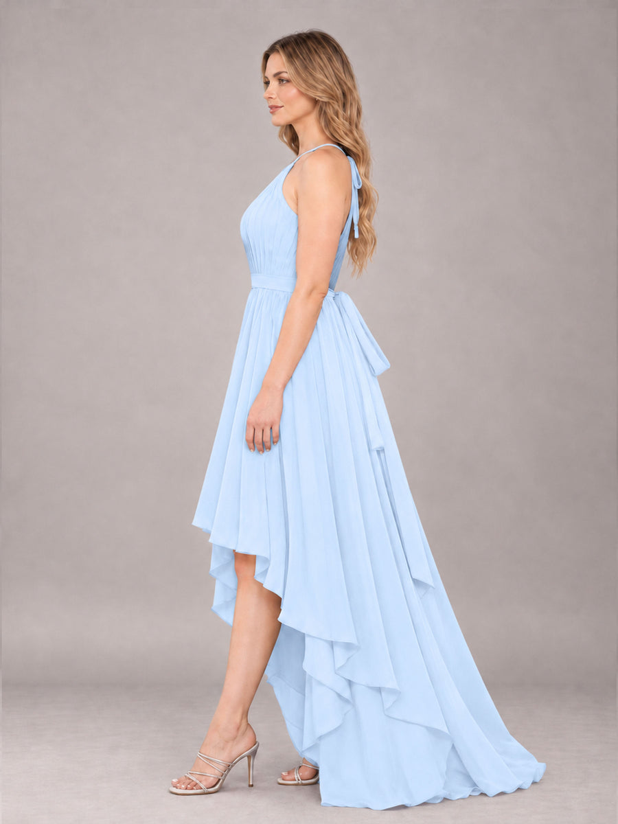 Light Blue Classy Halter Asymmetrical Bow Back Chiffon Bridesmaid Dress