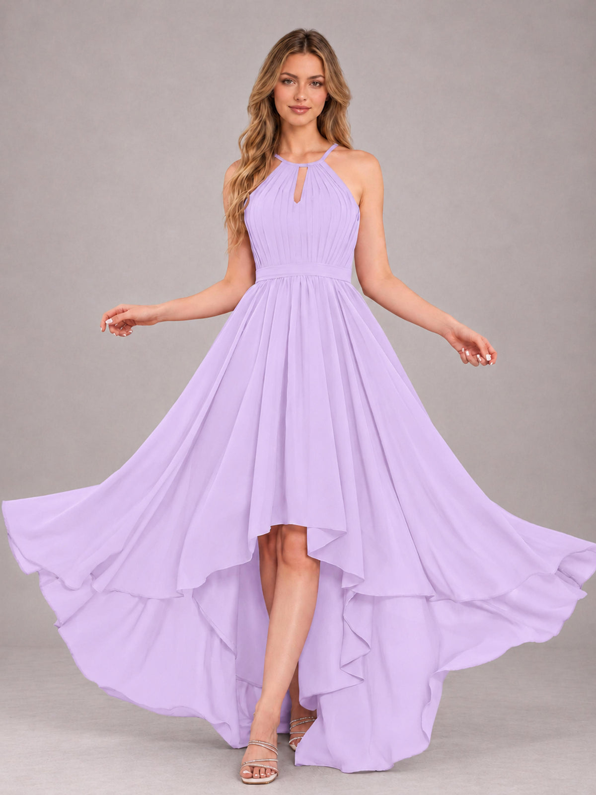 Lilac Classy Halter Asymmetrical Bow Back Chiffon Bridesmaid Dress