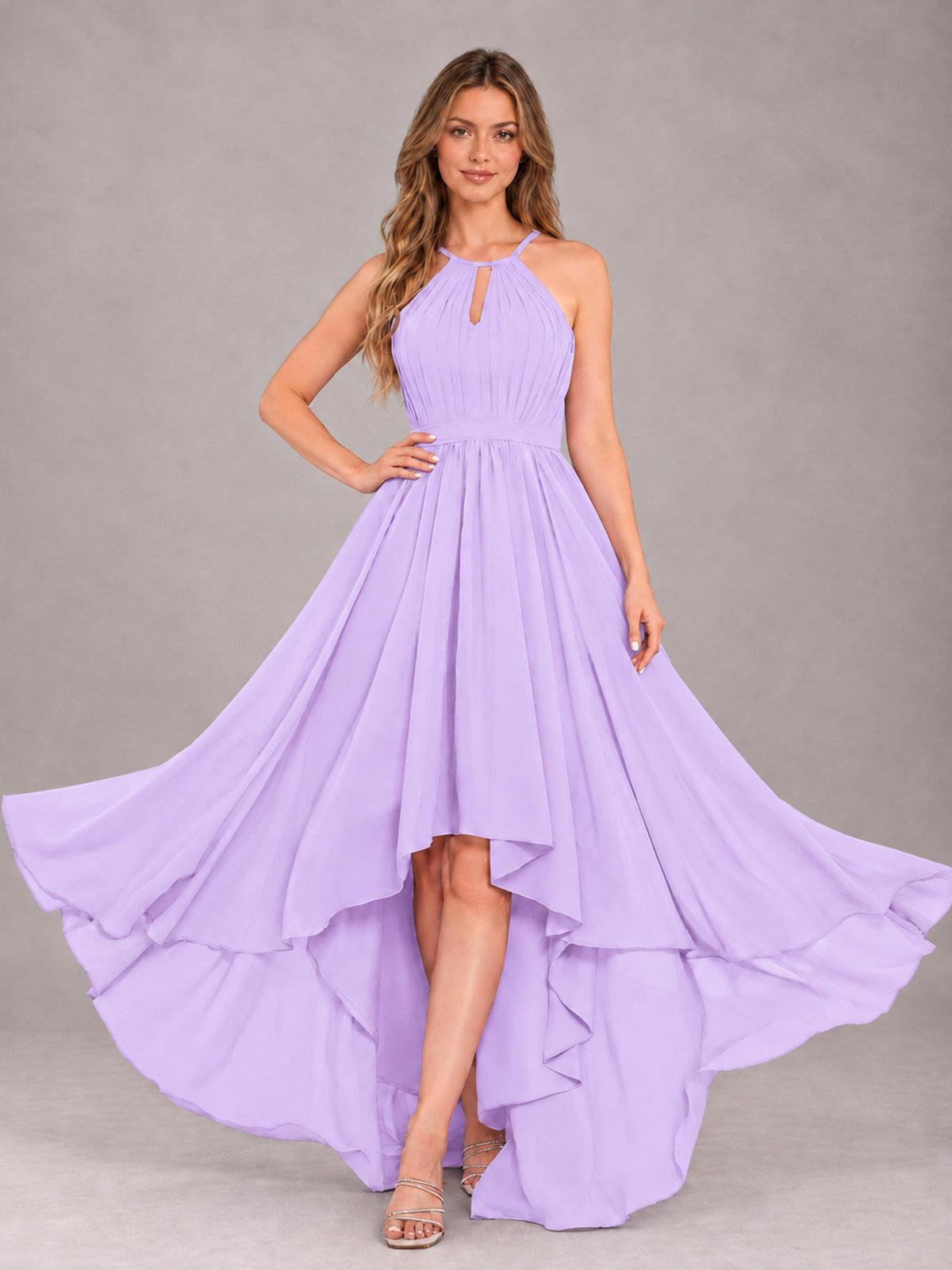 Lilac Classy Halter Asymmetrical Bow Back Chiffon Bridesmaid Dress