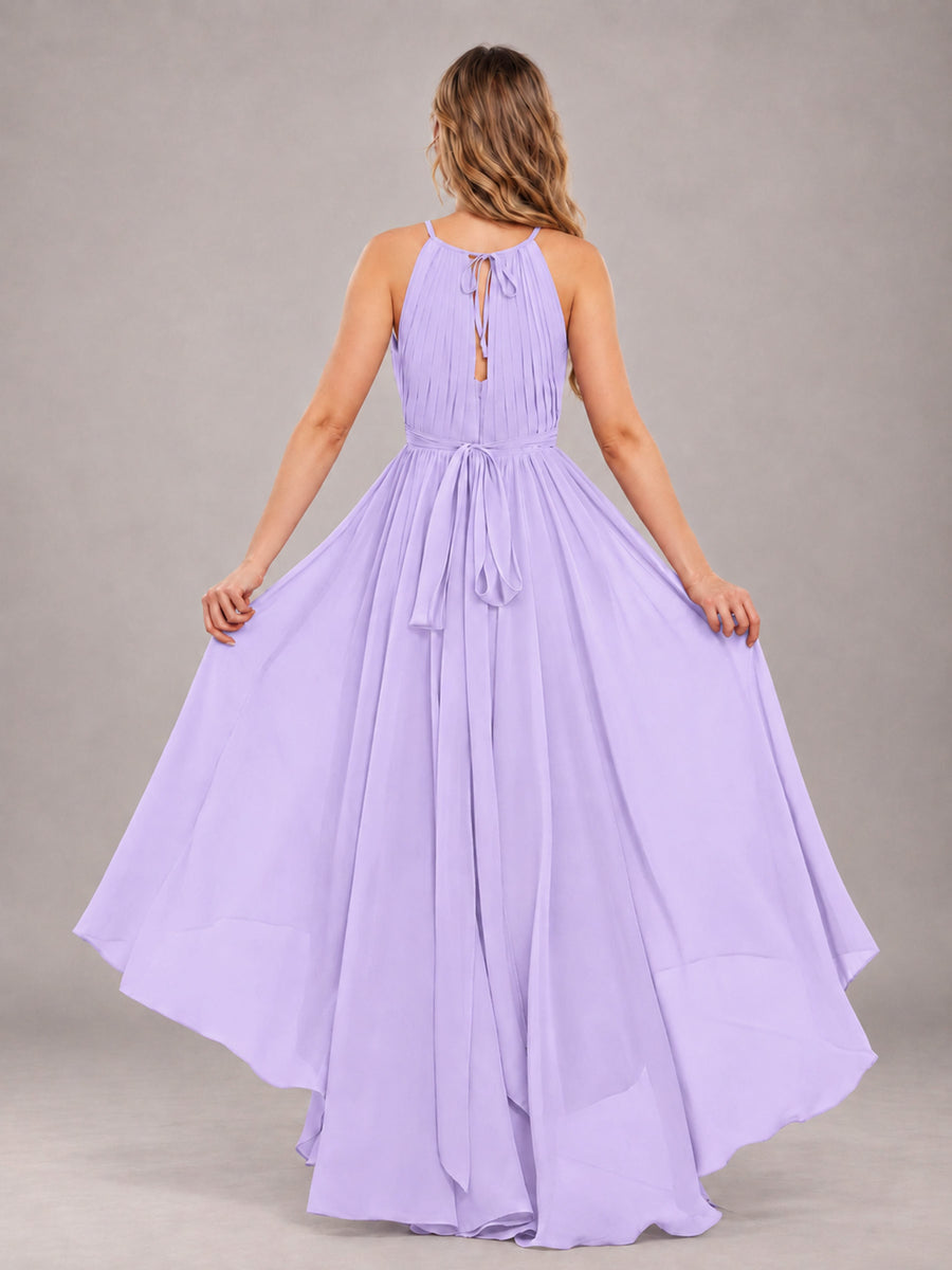 Lilac Classy Halter Asymmetrical Bow Back Chiffon Bridesmaid Dress