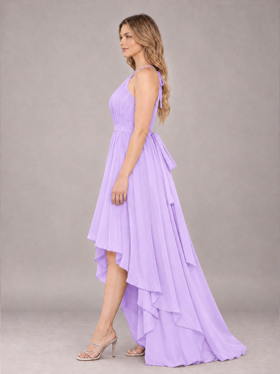 Lilac Classy Halter Asymmetrical Bow Back Chiffon Bridesmaid Dress