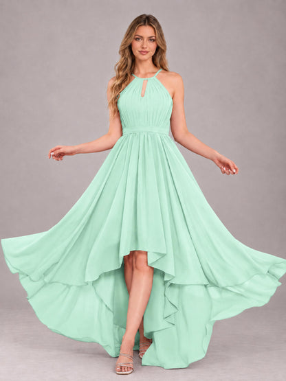 Mint Green Classy Halter Asymmetrical Bow Back Chiffon Bridesmaid Dress