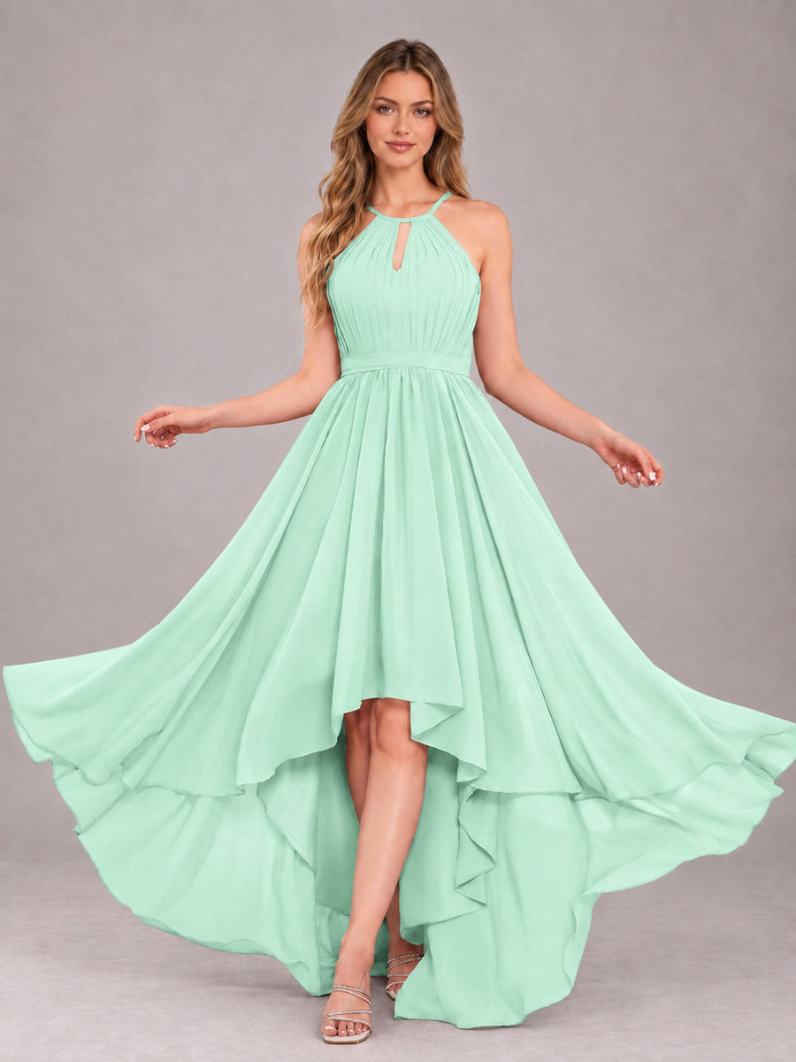 Mint Green Classy Halter Asymmetrical Bow Back Chiffon Bridesmaid Dress