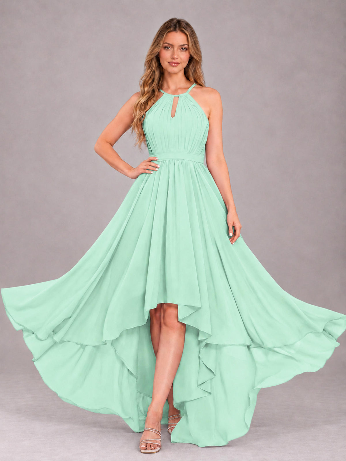 Mint Green Classy Halter Asymmetrical Bow Back Chiffon Bridesmaid Dress
